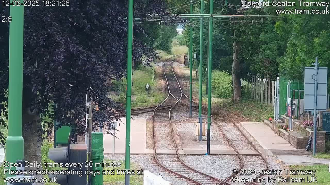 Tram tracks diverge at a station surrounded by trees on a sunny day.