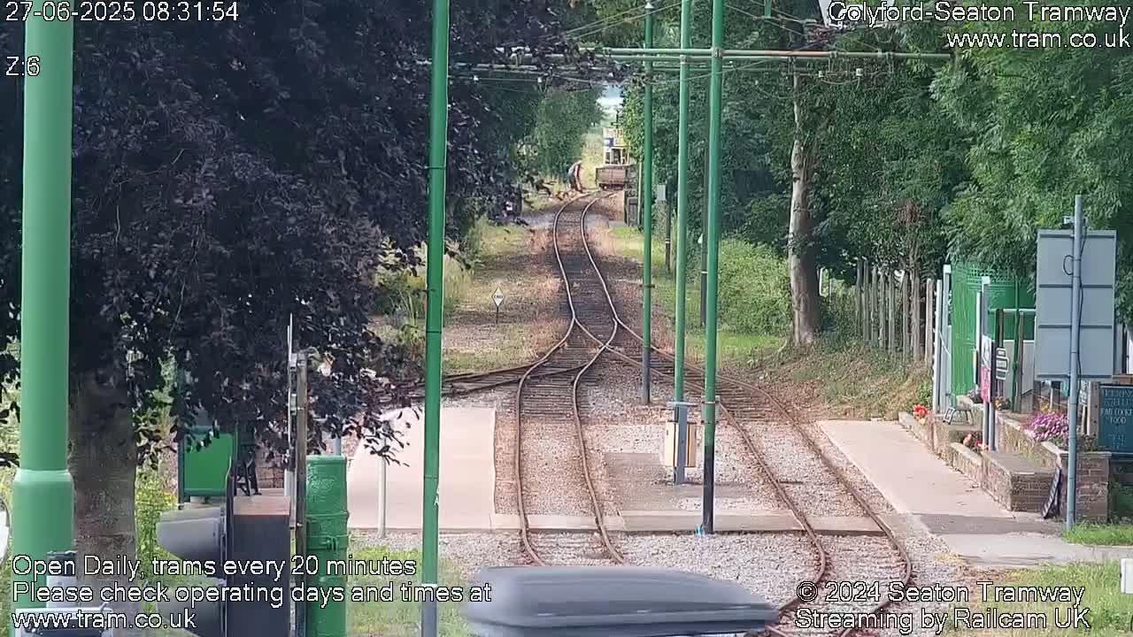 A view down a tram track splitting into two, lined with lush green trees on a sunny day.