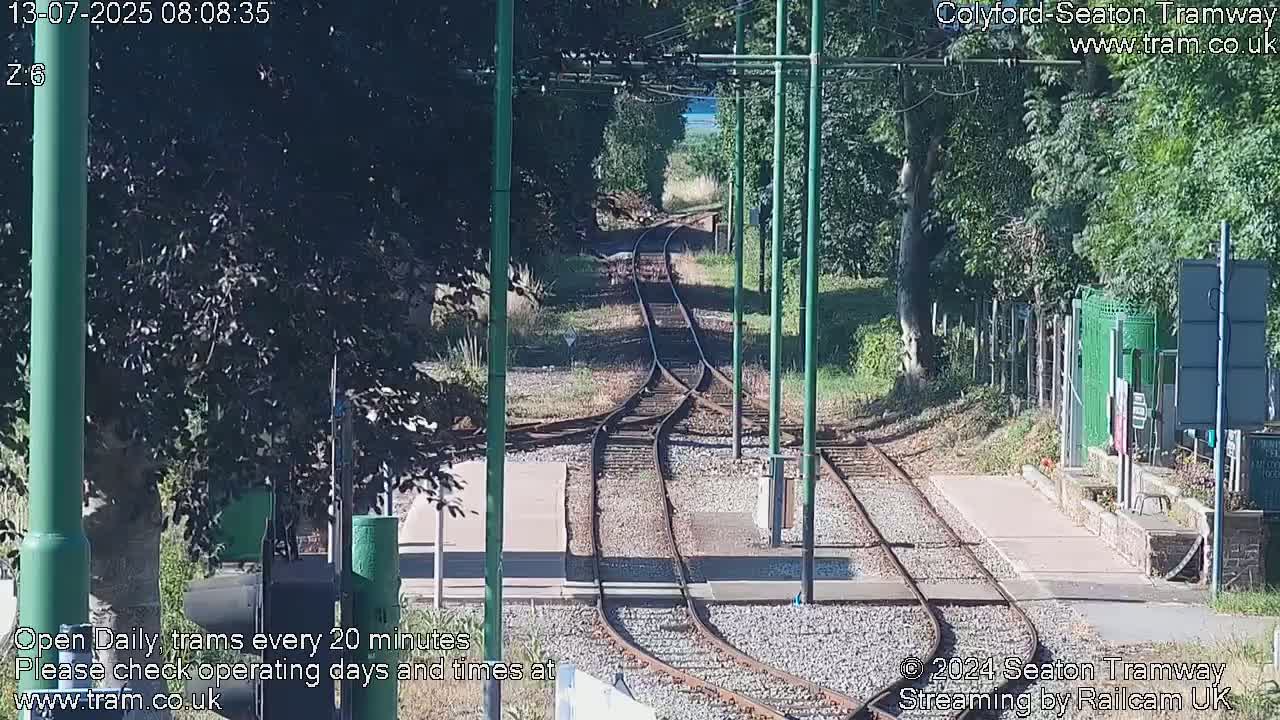 Tram tracks diverge at a station on a sunny day, bordered by green vegetation and trees.
