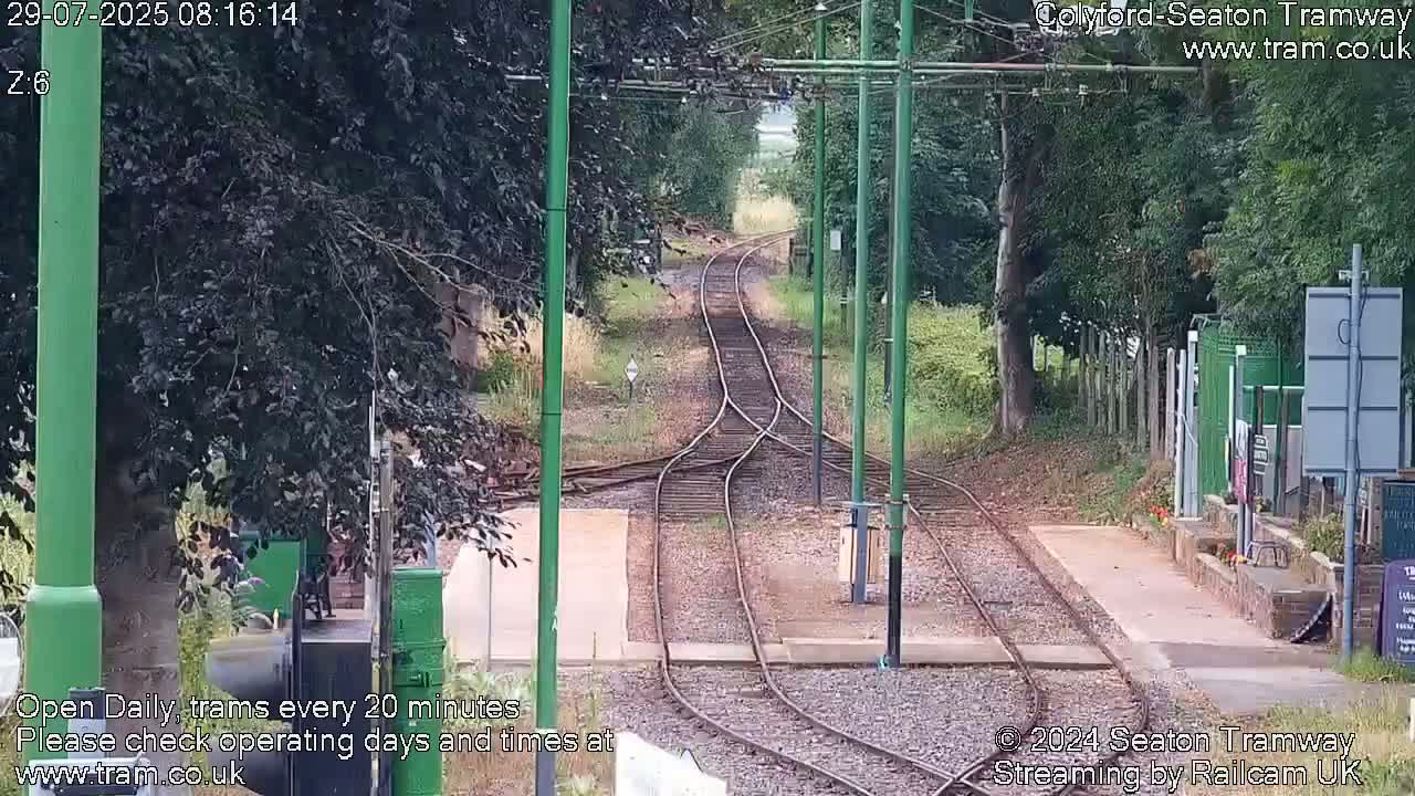 Tram tracks diverge at a point where the lines are flanked by trees and greenery under a partly sunny sky.