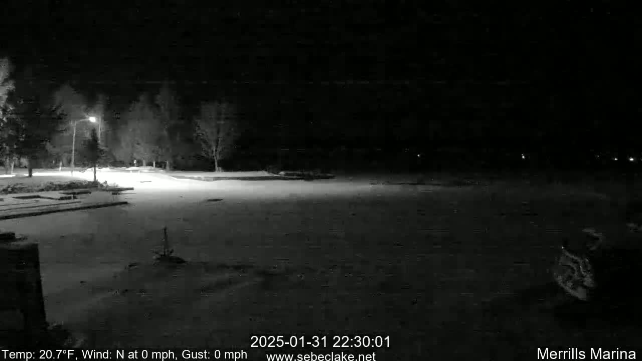 A snow-covered nighttime scene shows a dimly lit parking lot and trees under a dark, clear sky.