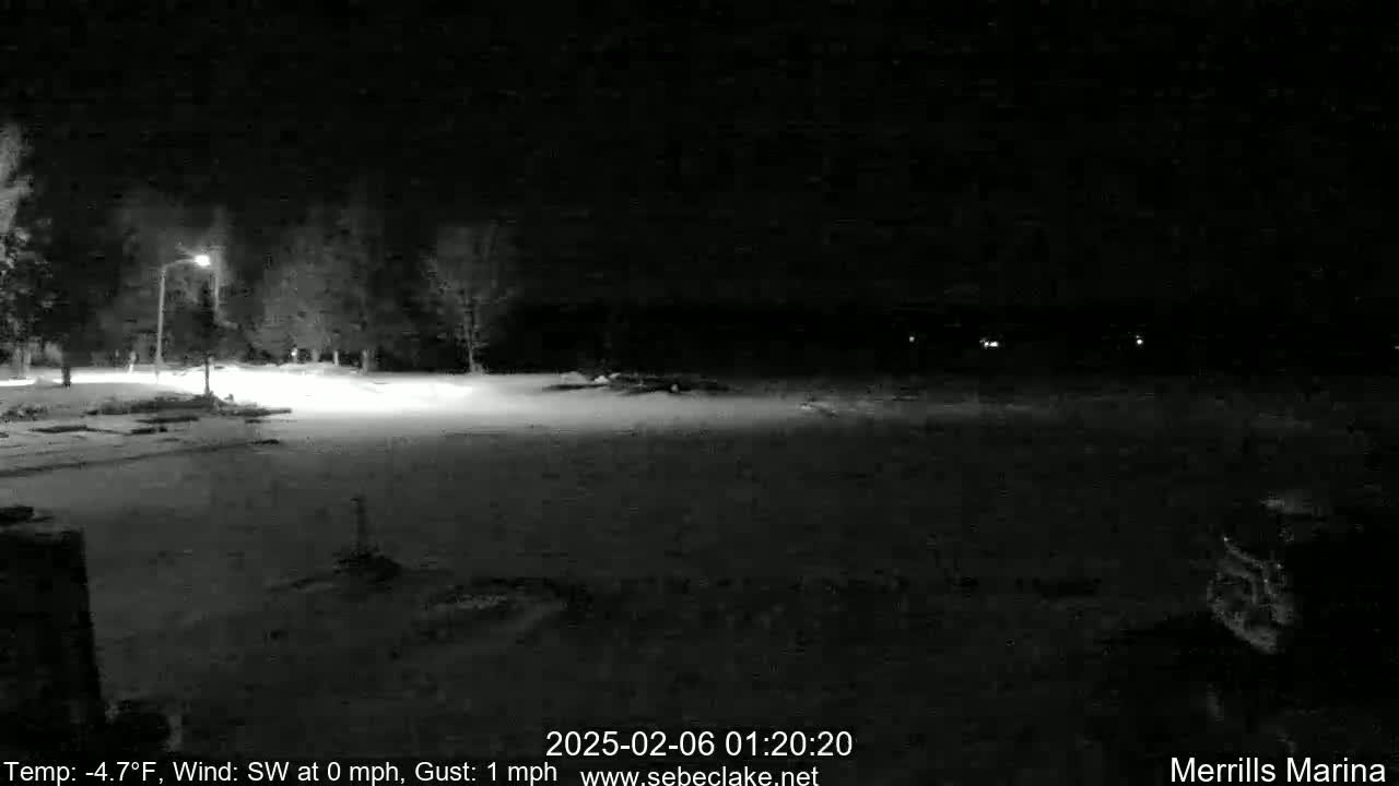 A nighttime snow-covered scene shows a dimly lit parking lot and trees under a dark sky.