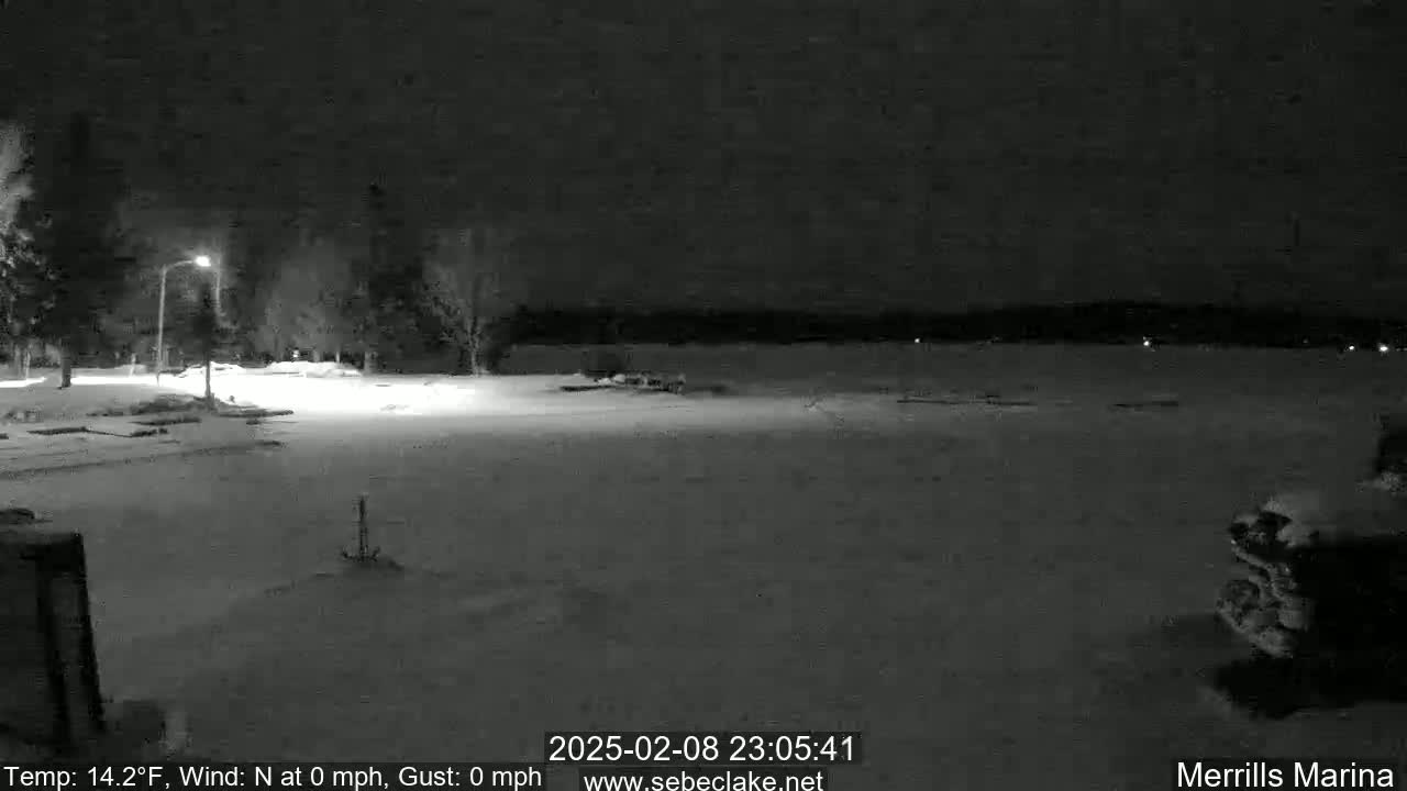 A snow-covered nighttime scene shows a mostly empty parking lot illuminated by a single lamppost, with trees and a dark body of water in the background under a clear, dark sky.