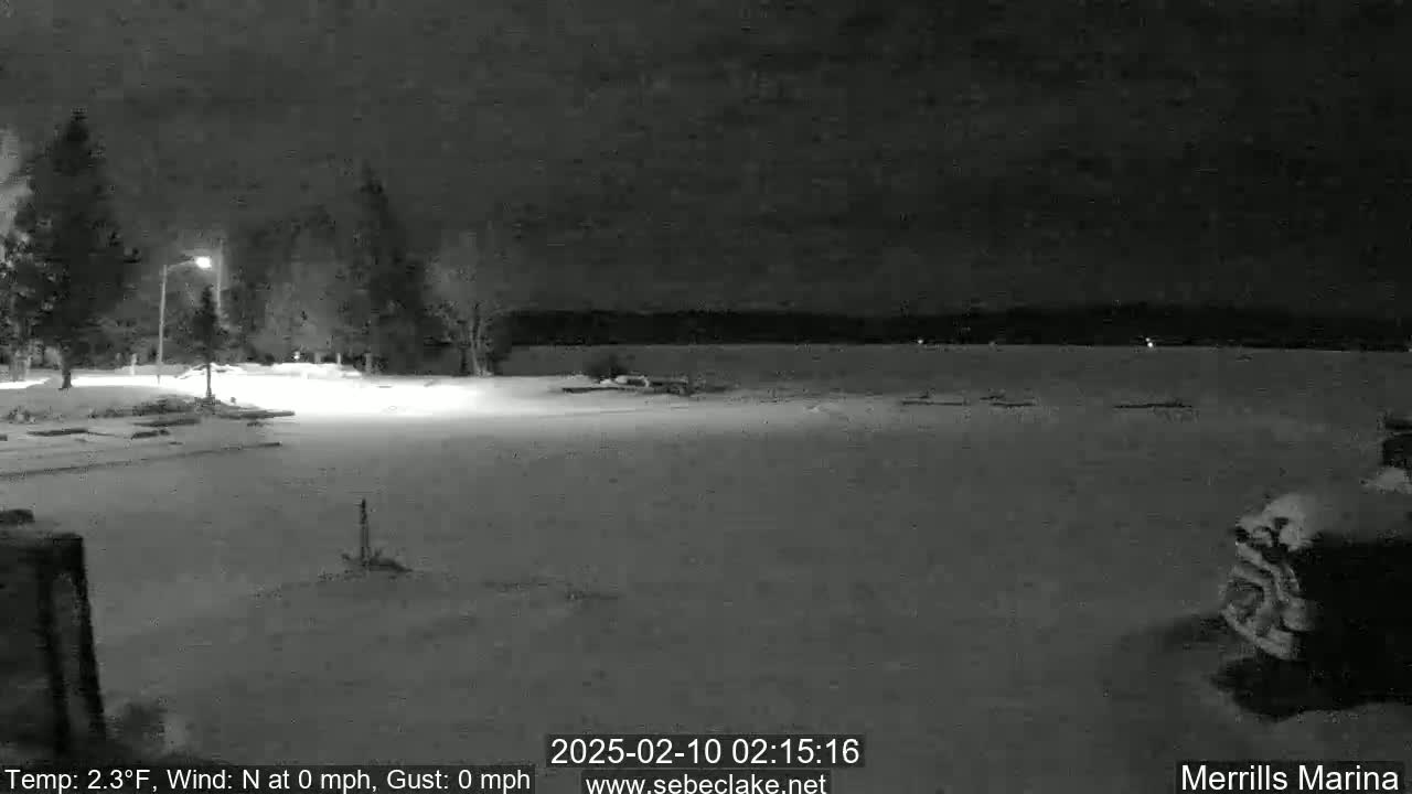 A snow-covered nighttime scene shows a calm body of water, a parking lot with a few vehicles, and trees under a dark sky.
