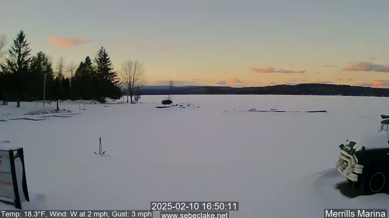 A snow-covered shoreline with dark evergreen trees and a frozen lake under a pale pink sunset.