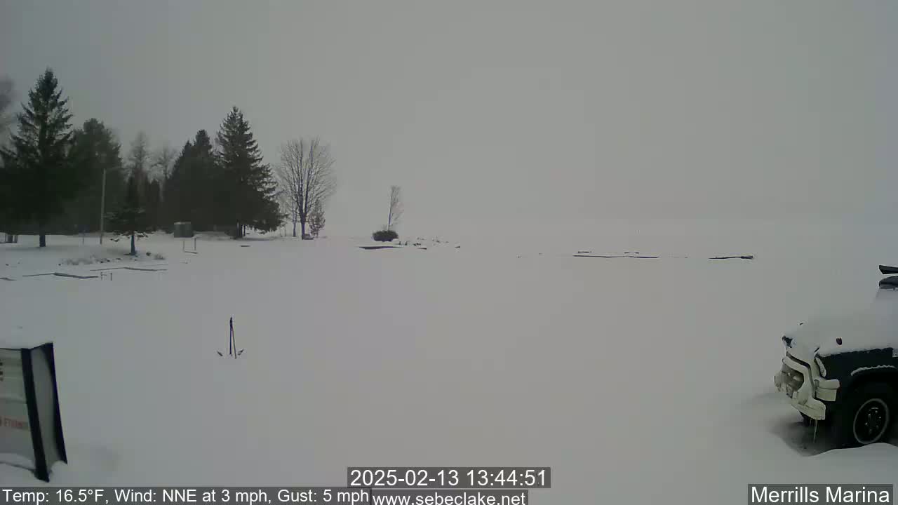 A snow-covered landscape with a few evergreen trees and a partially visible vehicle is seen on an overcast day.