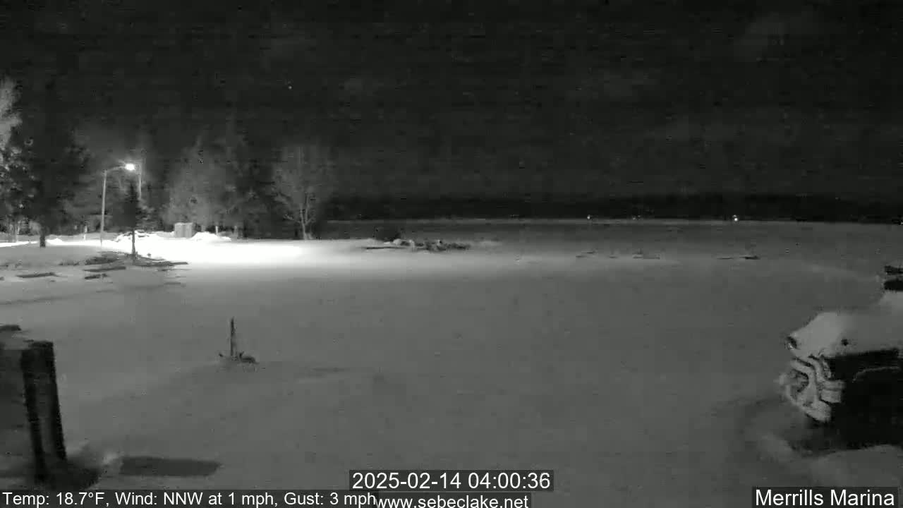A snow-covered parking lot and frozen lake are visible at night under a dark sky, lit by a single lamppost.