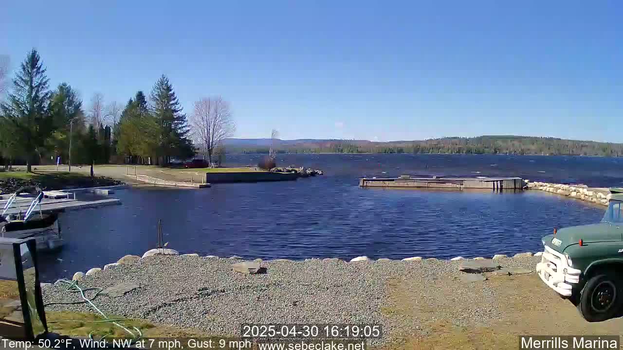 A partly sunny day with a northwest wind shows a marina on a lake, with a rocky shoreline, docks, and trees.