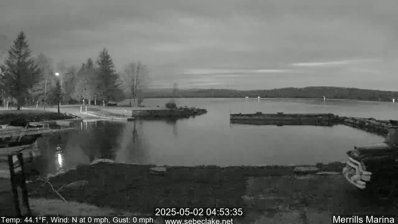 A calm, pre-dawn view of a dark, still lake with a marina and trees in the background under a gray sky.