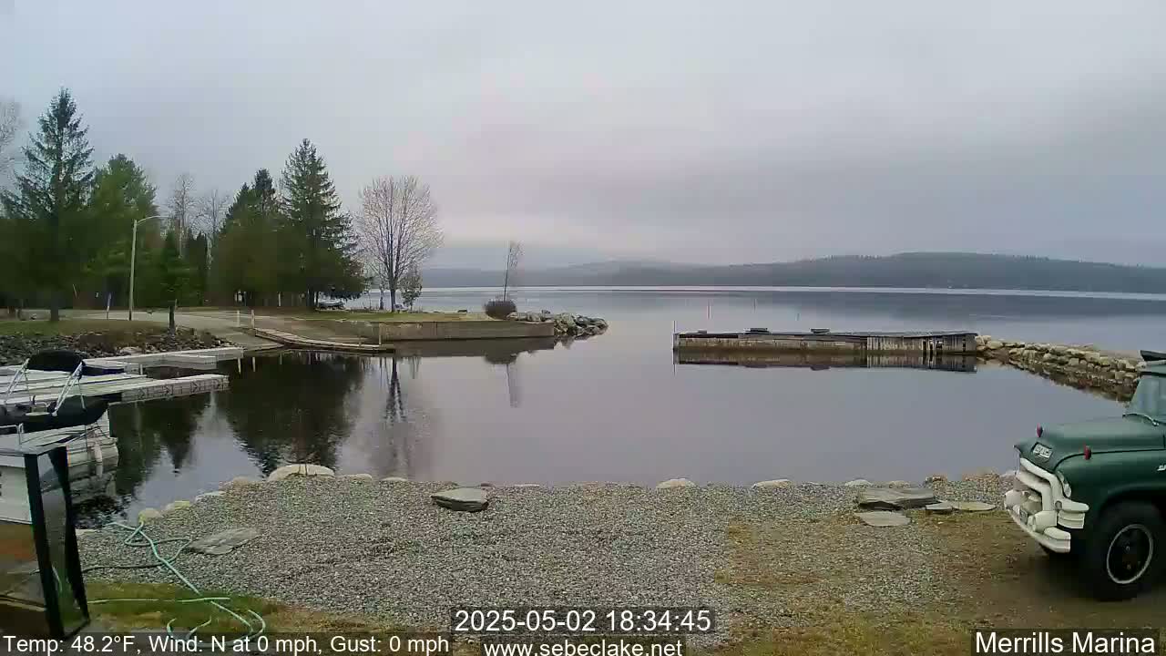 A calm, overcast day at a marina shows boats docked at a shoreline with a gravel area and a dark-green truck parked nearby, overlooking a lake and distant trees.