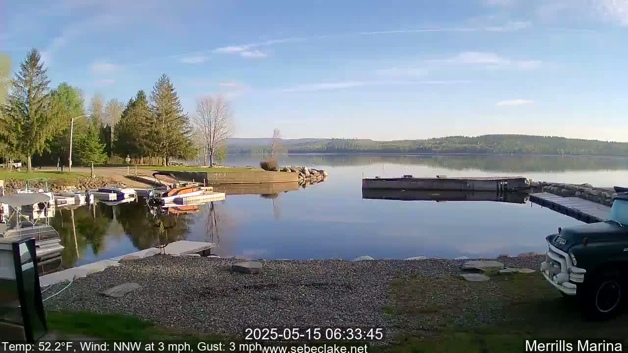 A calm lake with several boats docked at a marina under a clear, sunny sky.