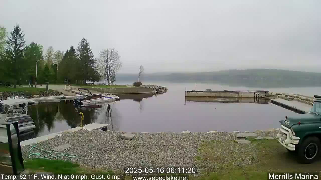 Several boats are docked at a marina on a calm, foggy lake, surrounded by green trees and a gravel shoreline.