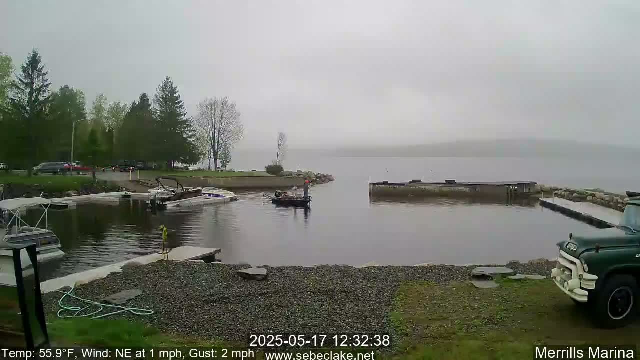A mostly cloudy, cool day at a marina on a lake with several boats docked, a person in a small boat, and a truck parked nearby.
