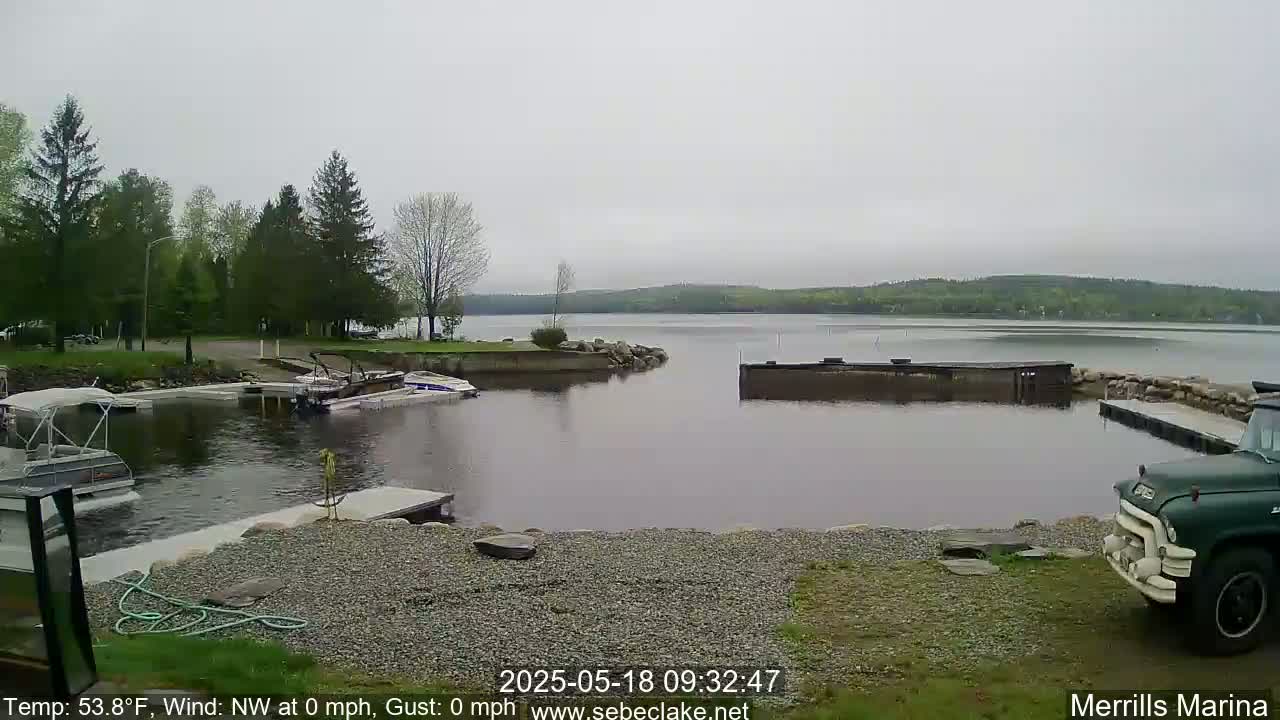 A calm, overcast day at a marina with several boats docked, and a dark-green truck parked on the shore.