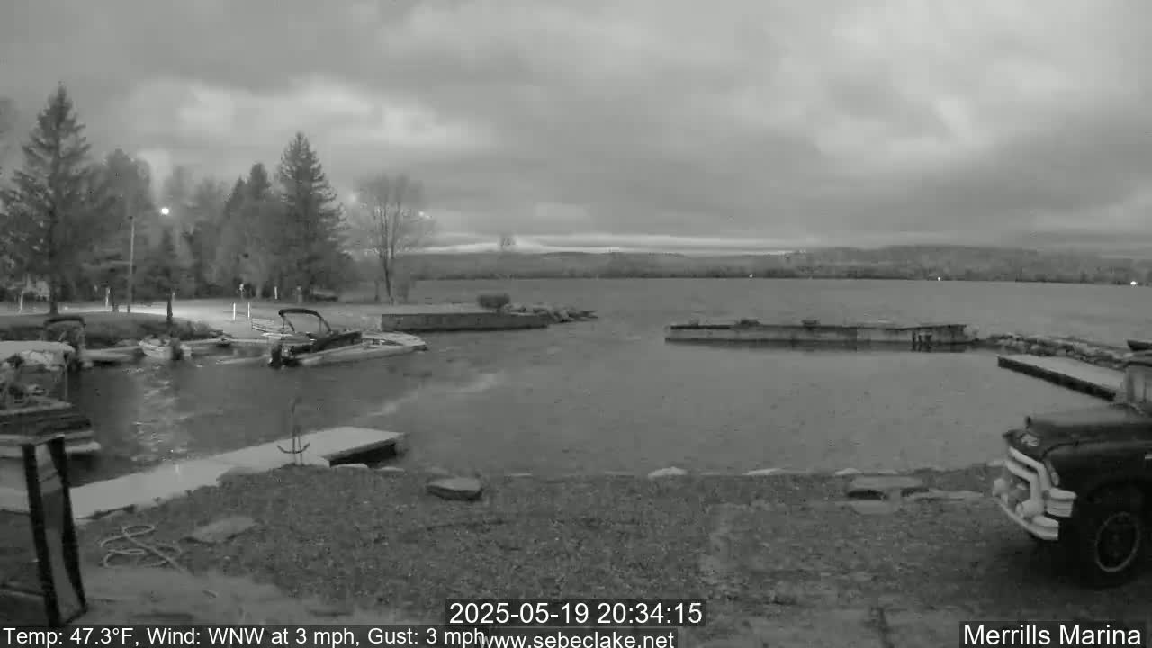 A grayscale image shows a calm lake at dusk with several boats docked at a marina under an overcast sky.