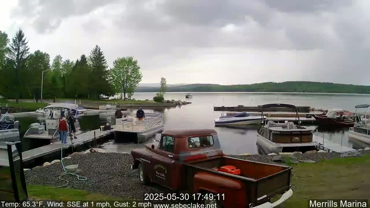 A marina with numerous boats docked under an overcast sky, and a vintage pickup truck parked on the shore.