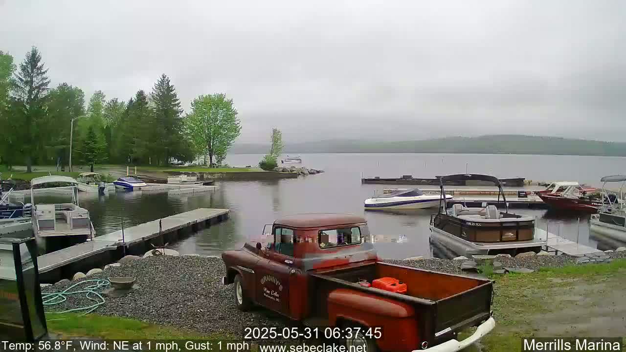 A red pickup truck is parked near a marina on a lake under an overcast sky, with numerous boats docked.
