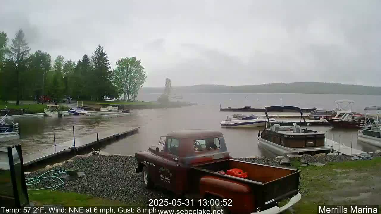 A marina with several boats docked at a lake under an overcast sky, with a light wind.