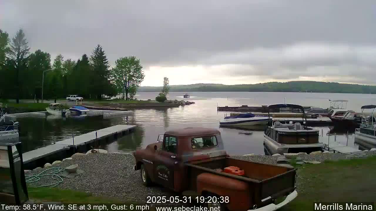 A calm lake with numerous boats docked at a marina, under an overcast sky, with a vintage truck parked nearby.