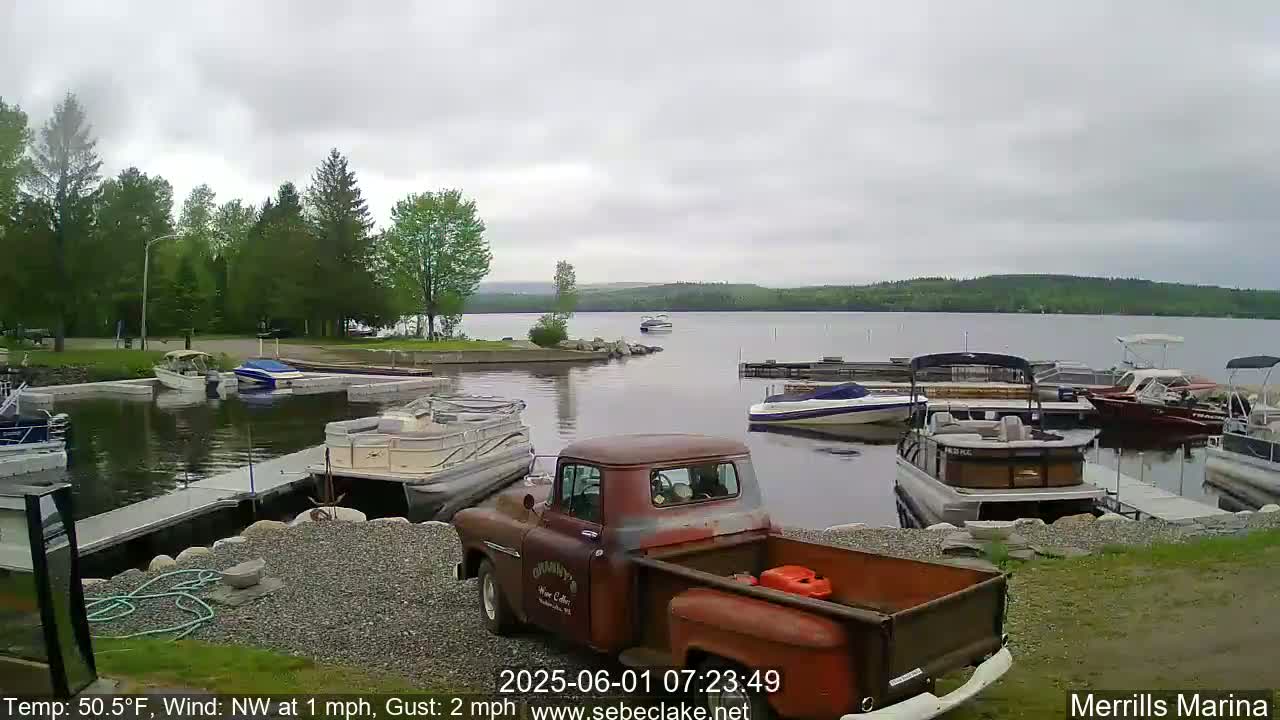 A rusty red pickup truck sits in a marina on an overcast day, surrounded by numerous boats docked along a calm lake with a wooded shoreline in the background.