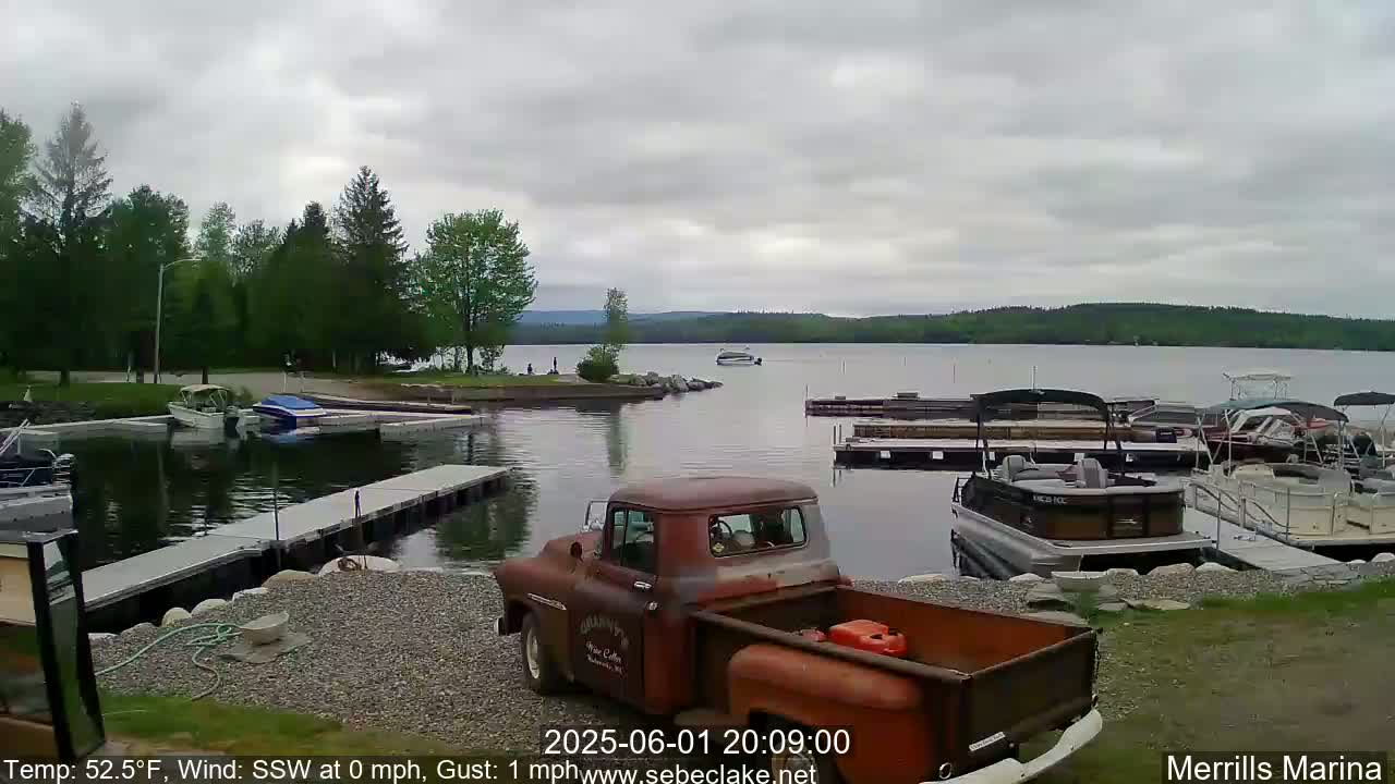 A rusty pickup truck sits in a marina on a cloudy day, with numerous boats docked and a calm lake stretching to a tree-lined shore in the background.