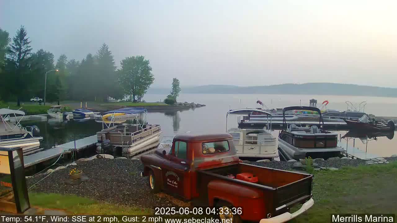 A misty morning scene at a marina shows numerous pontoon boats docked along a shoreline with a vintage red pickup truck parked nearby.