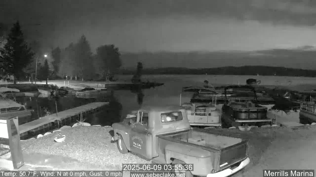 A nighttime, grayscale image shows a calm lake with several boats docked at a marina, a pickup truck parked nearby, and trees along the shoreline under a partly cloudy sky.