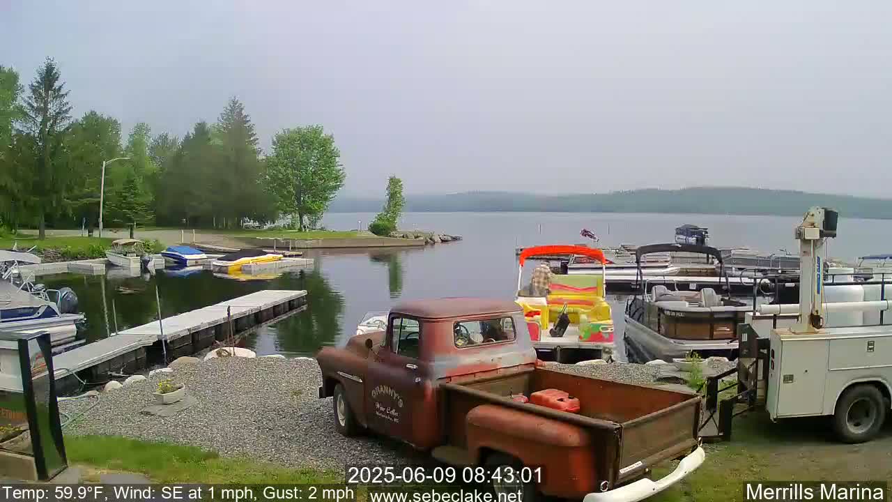 A marina on a calm lake with numerous boats docked, a rusty red pickup truck, and a service truck, under an overcast sky.