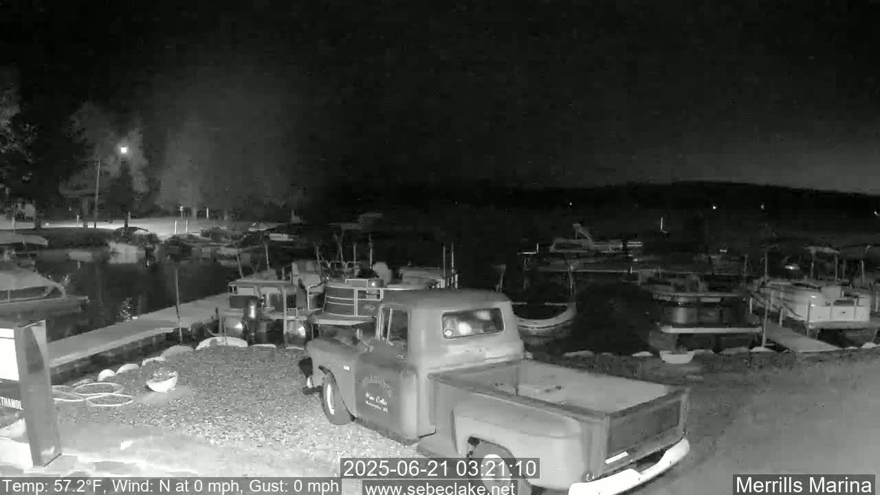 A pickup truck is parked at a marina at night, with numerous boats docked nearby under a calm, clear sky.