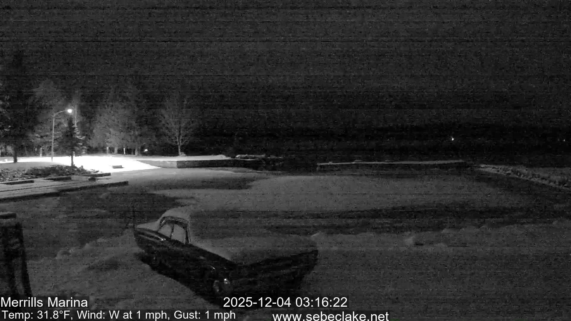 A grainy, monochromatic nighttime view shows a snow-dusted black car in the foreground, with a street light illuminating a snowy path and trees leading to a dark expanse of water with faint distant lights, all under clear, still, and cold conditions.