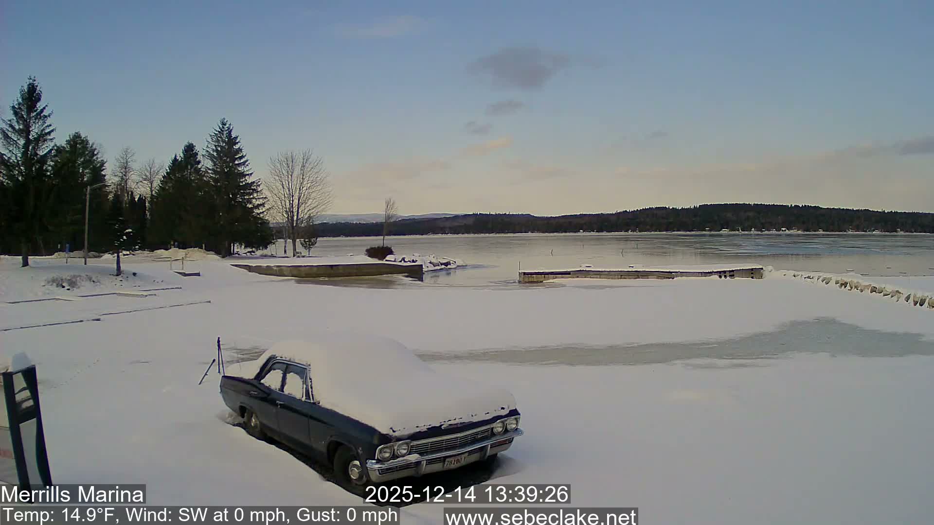 A grainy, monochromatic nighttime view shows a snow-dusted black car in the foreground, with a street light illuminating a snowy path and trees leading to a dark expanse of water with faint distant lights, all under clear, still, and cold conditions.