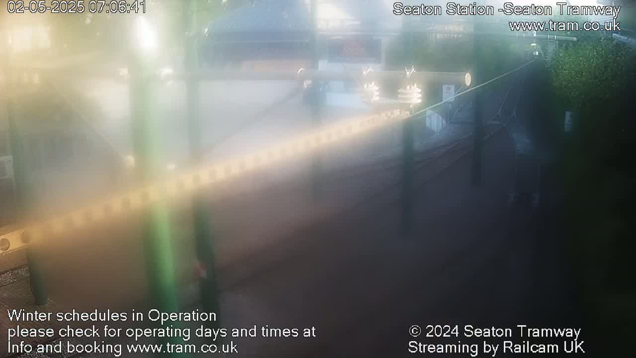 A hazy, outdoor view of a tram station platform with some vegetation visible.