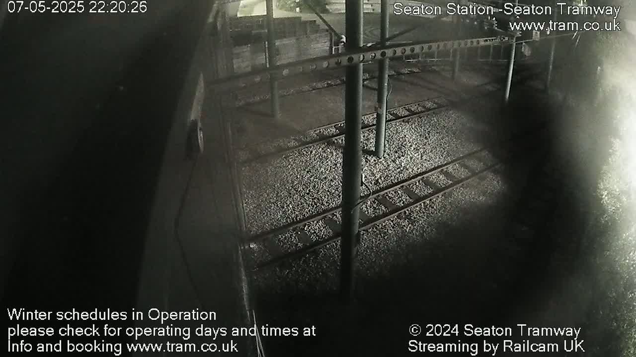 A nighttime, overhead view shows train tracks covered in light-colored gravel under a dark structure.