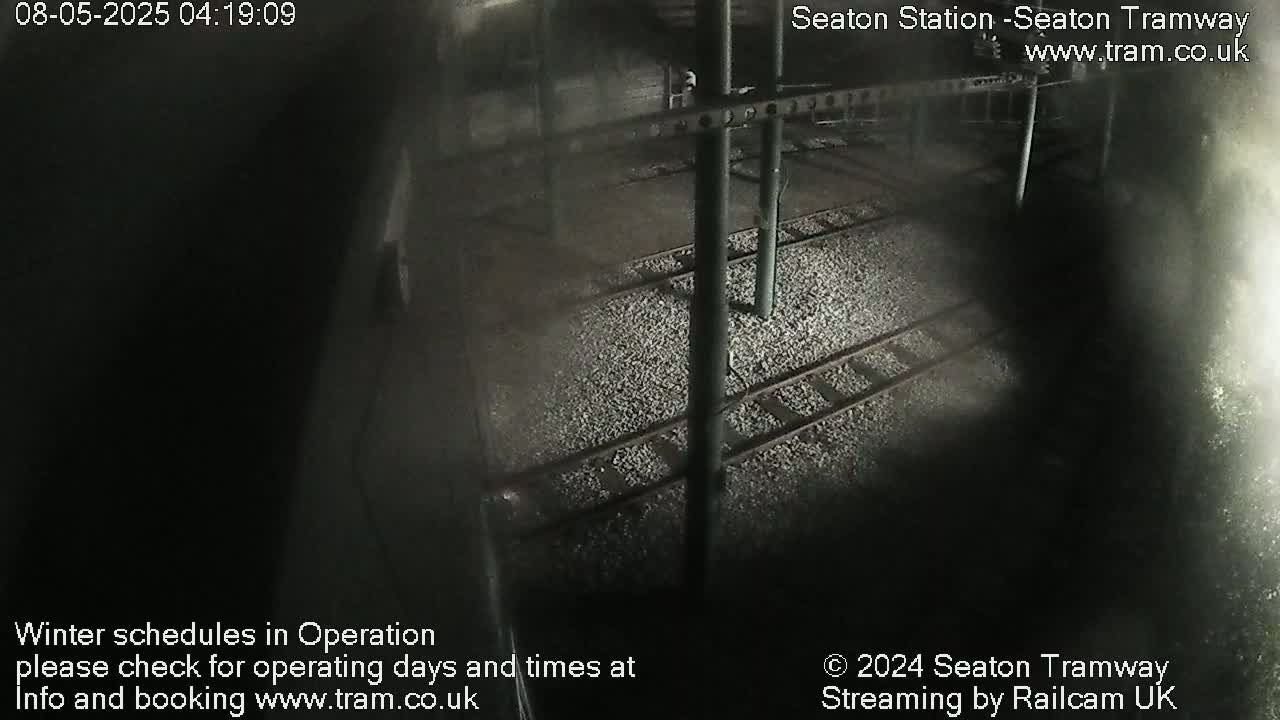A nighttime, overhead view shows train tracks covered in small, light-colored stones.
