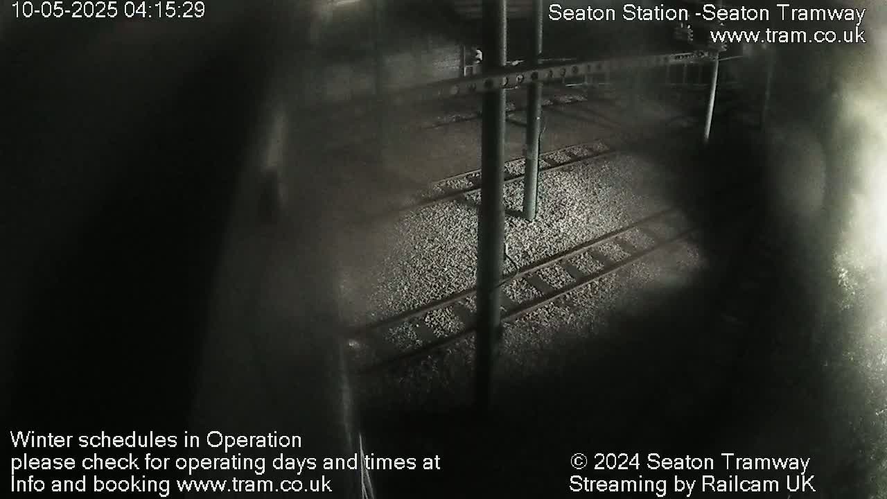 A dark, nighttime view of train tracks covered in gravel, seen from a high angle.