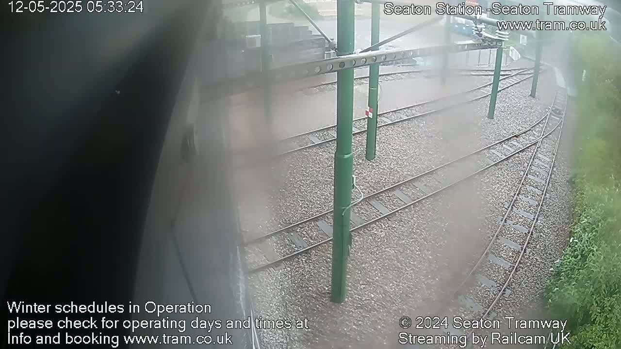 A rainy view of a train station's rail tracks and platform.