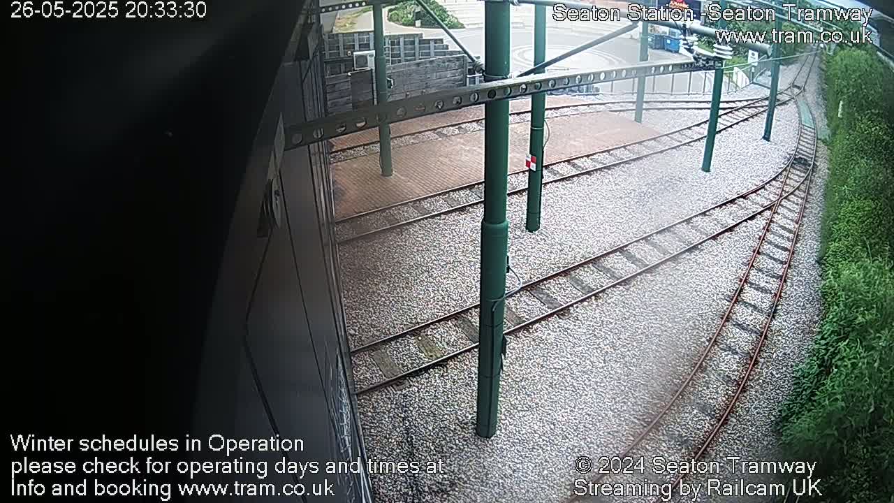 A high-angle view of tram tracks curving to the right, bordered by gravel and greenery, under what appears to be overcast conditions.