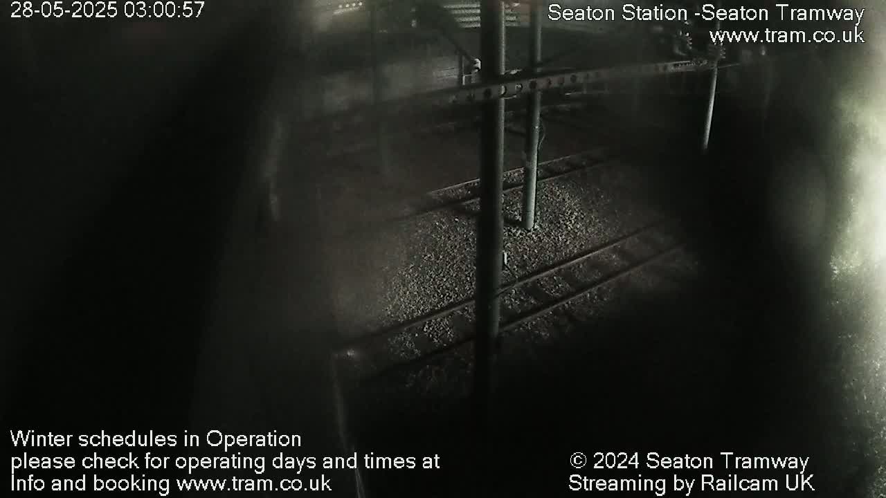 A dark, nighttime view of tram tracks at a station.