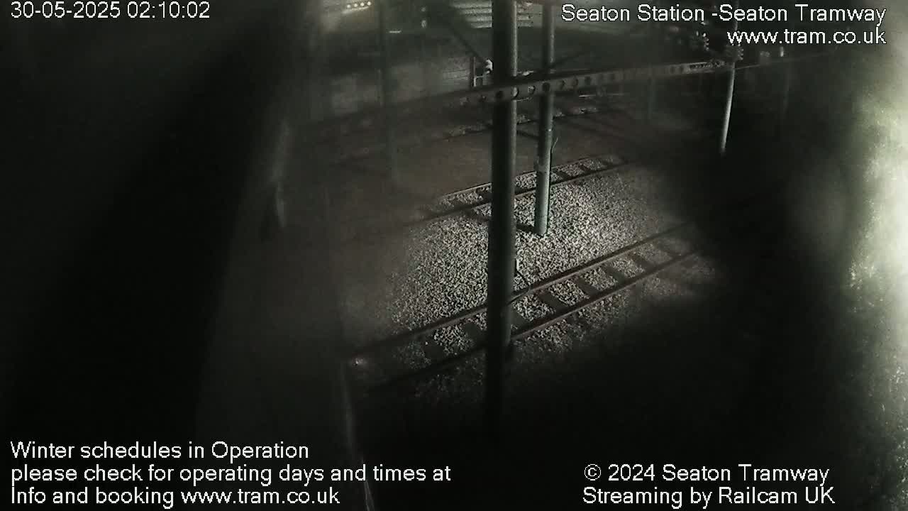 A nighttime, overhead view of empty tram tracks covered in light-colored aggregate.
