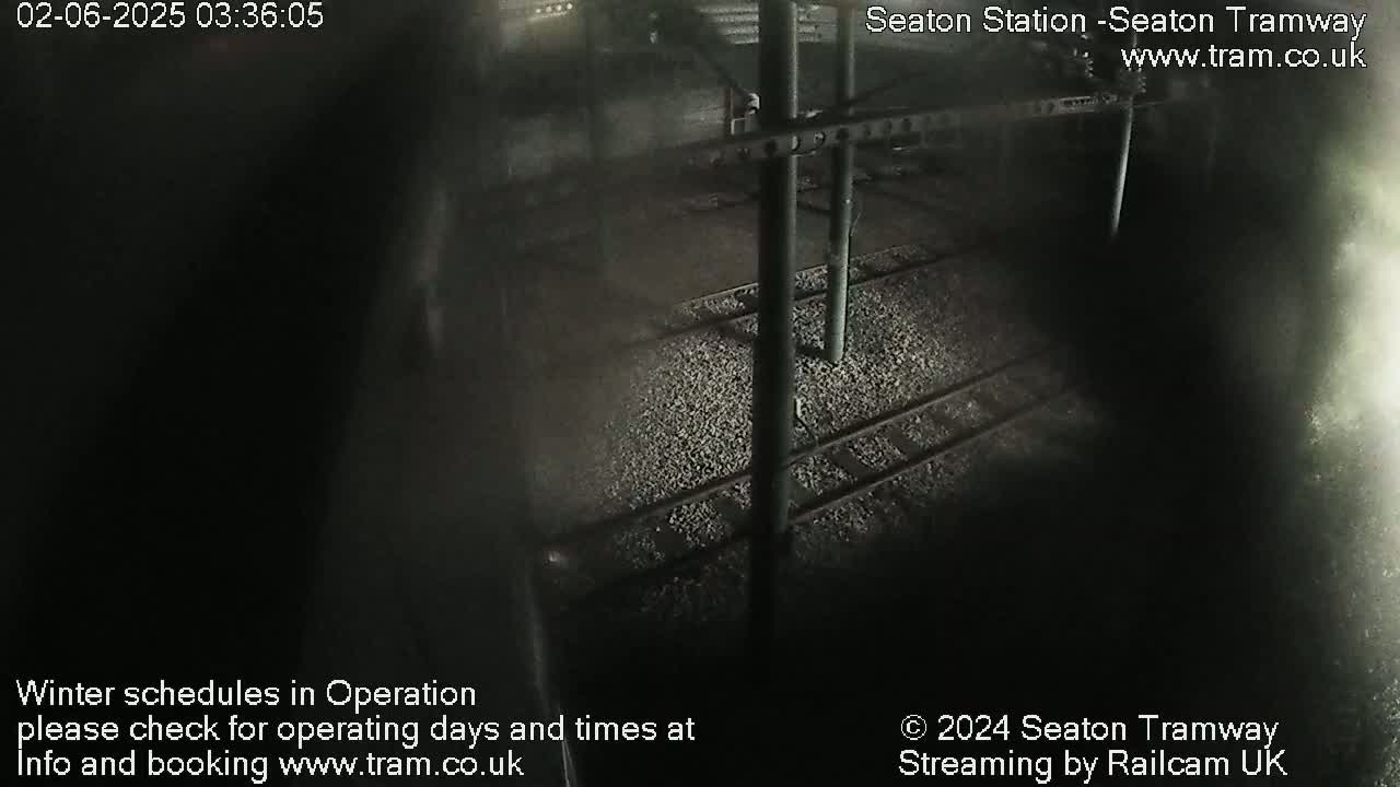 A nighttime, overhead view of train tracks at a station.