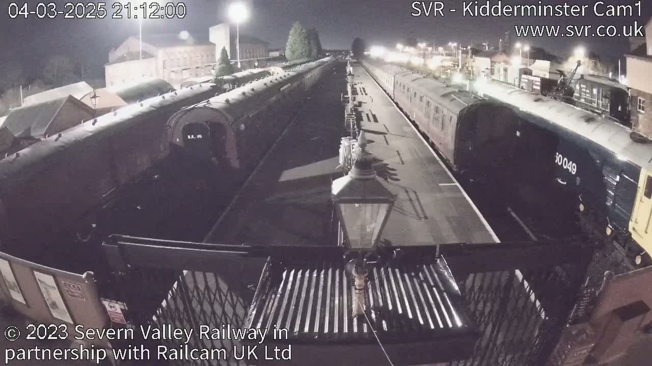 At night, two long trains are parked at a station platform, under nighttime lighting.