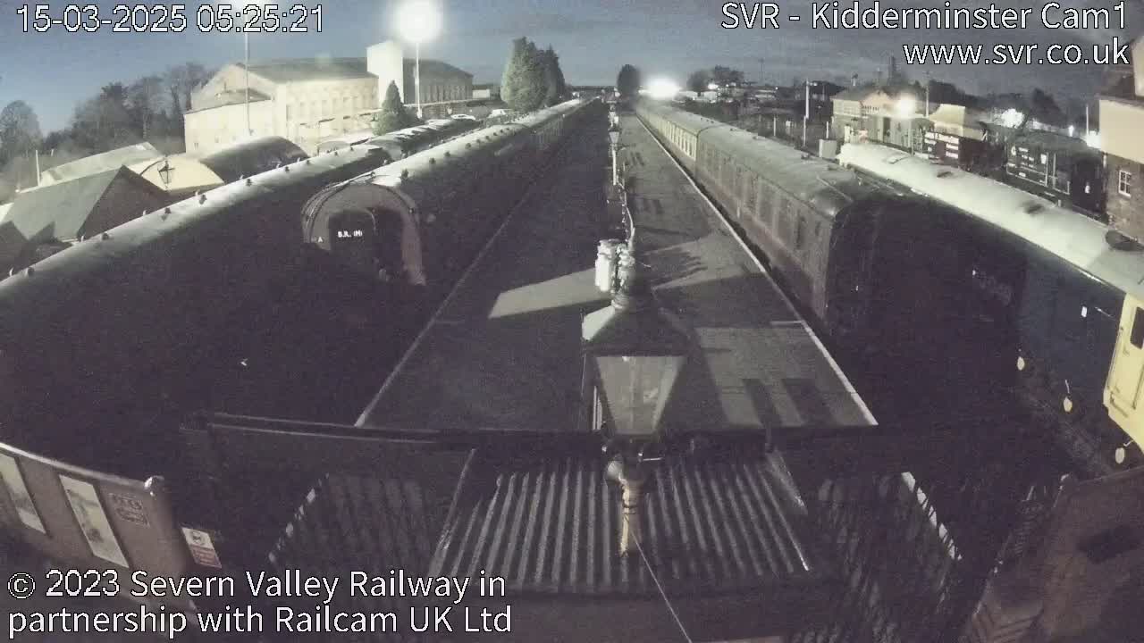 Under a dark night sky, two long trains are parked at a station platform.