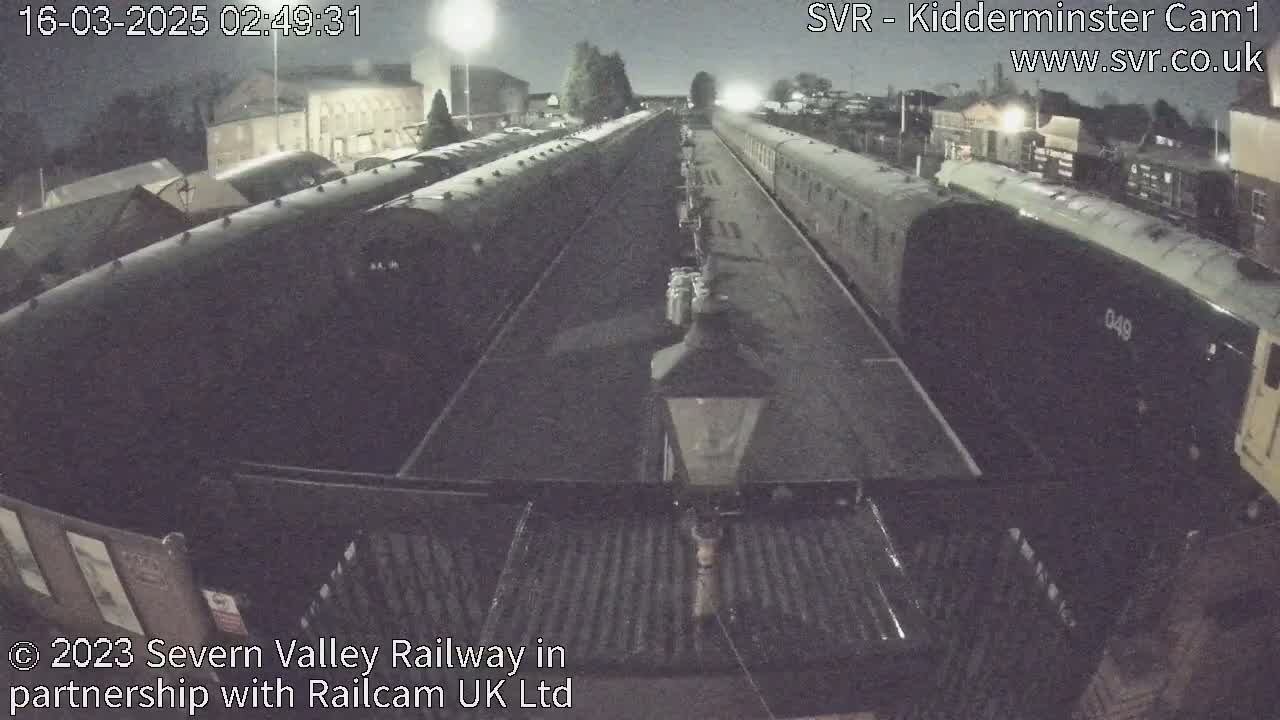 At night, two long trains sit in a railway yard.