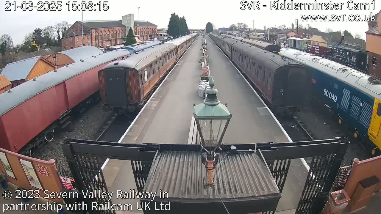 Two lines of passenger train cars are parked at a station on a cloudy day.