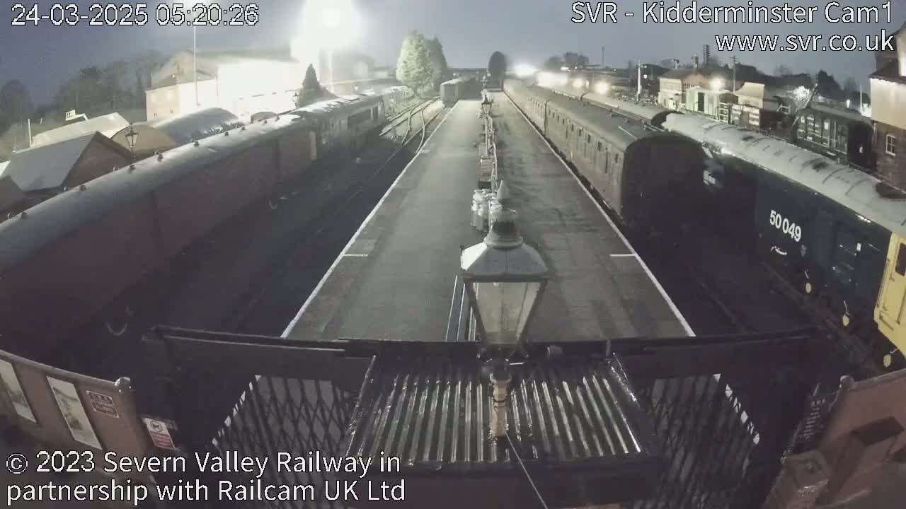 At night, two long trains are parked at a station platform under artificial light.
