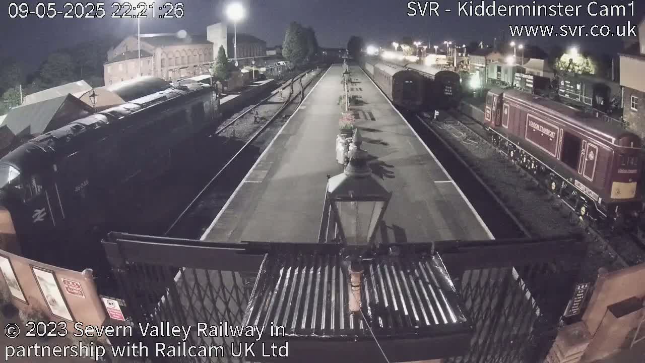 At night, several trains are parked at a station platform.