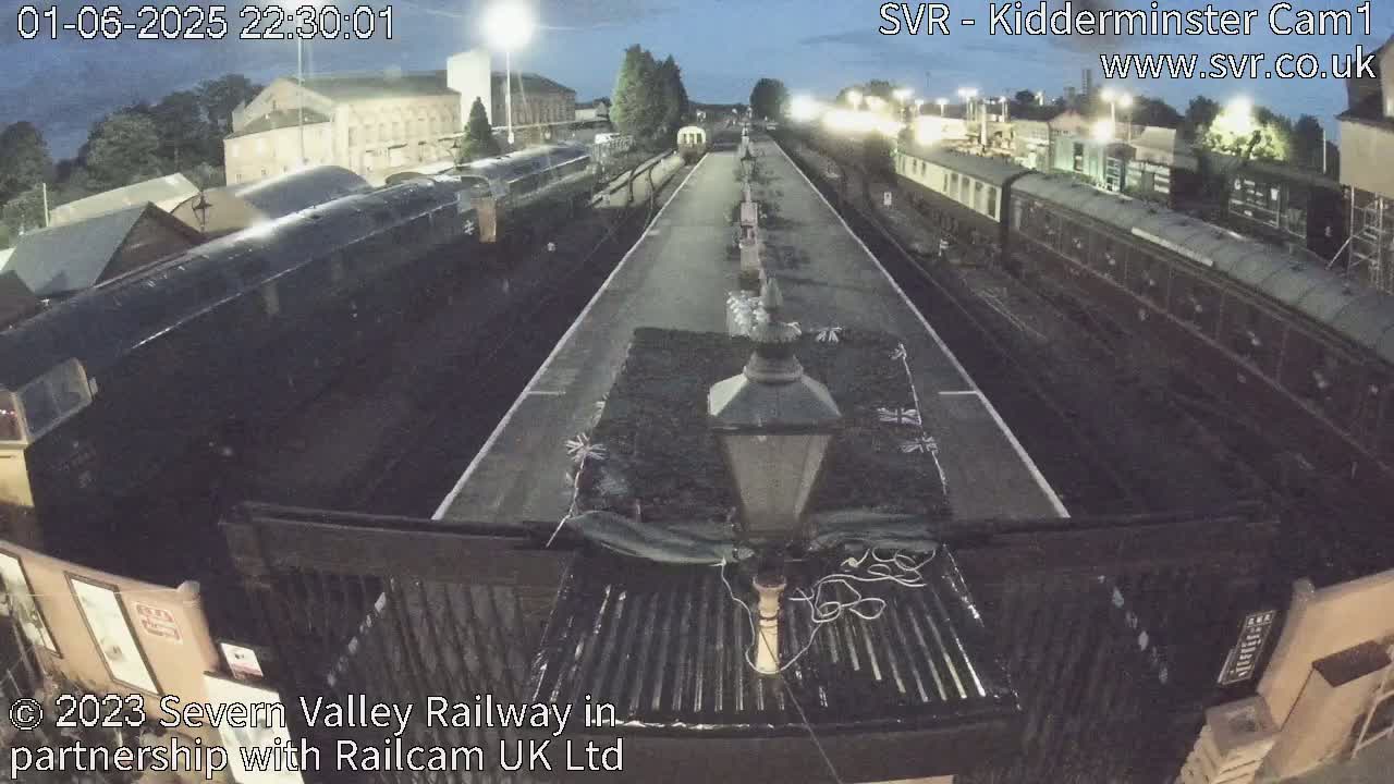 At night, two long trains are parked at a station platform, illuminated by lights.