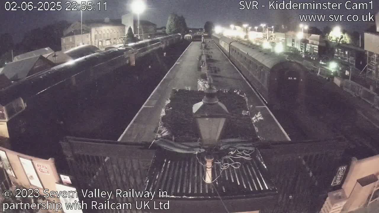 Two long trains are parked at a station at night.