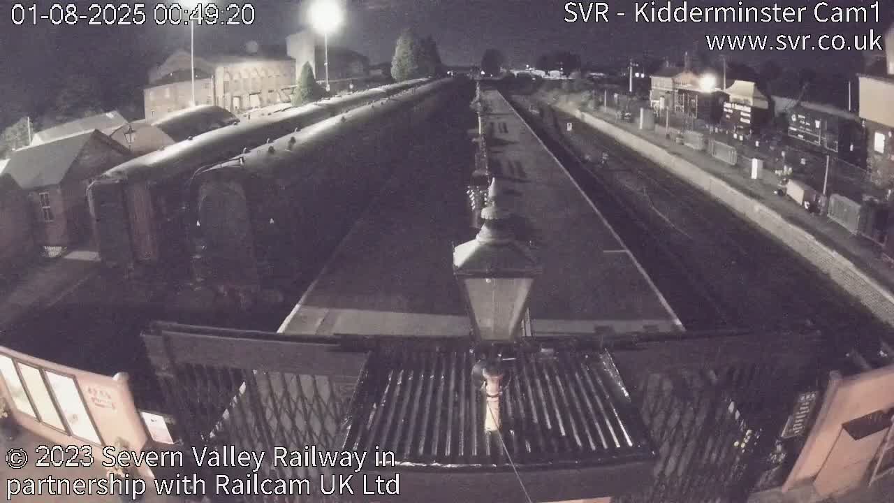 A nighttime, overhead view of a train station with several dark-colored train cars parked on the tracks.