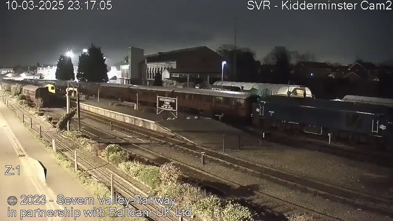 At night, a train sits in a station next to a long railway line.